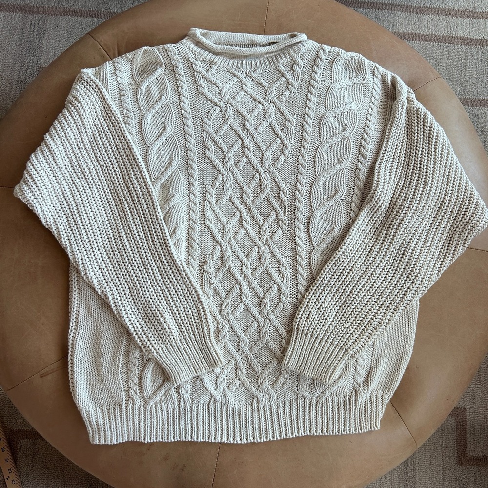 Vintage Roll Neck Cable Knit Sweater Mens L Ivory Cream Cotton Chunky Oversized